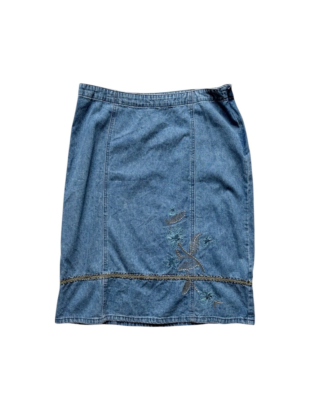 Vintage 90s Y2K Floral Embroidered Denim Midi Skirt Boho Cottagecore 8